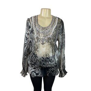 Kay Celine Beaded Sheer Animal Print Blouse Long Sleeves Black/White Size L